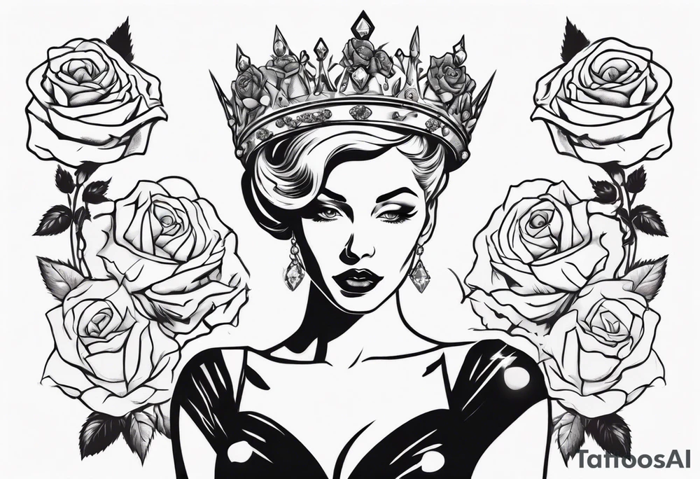 pin-up style queen looking to the side wearing a crown and surrounded by rose flowers, with a diamond in her hand tattoo idea