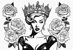 pin-up style queen looking to the side wearing a crown and surrounded by rose flowers, with a diamond in her hand tattoo idea
