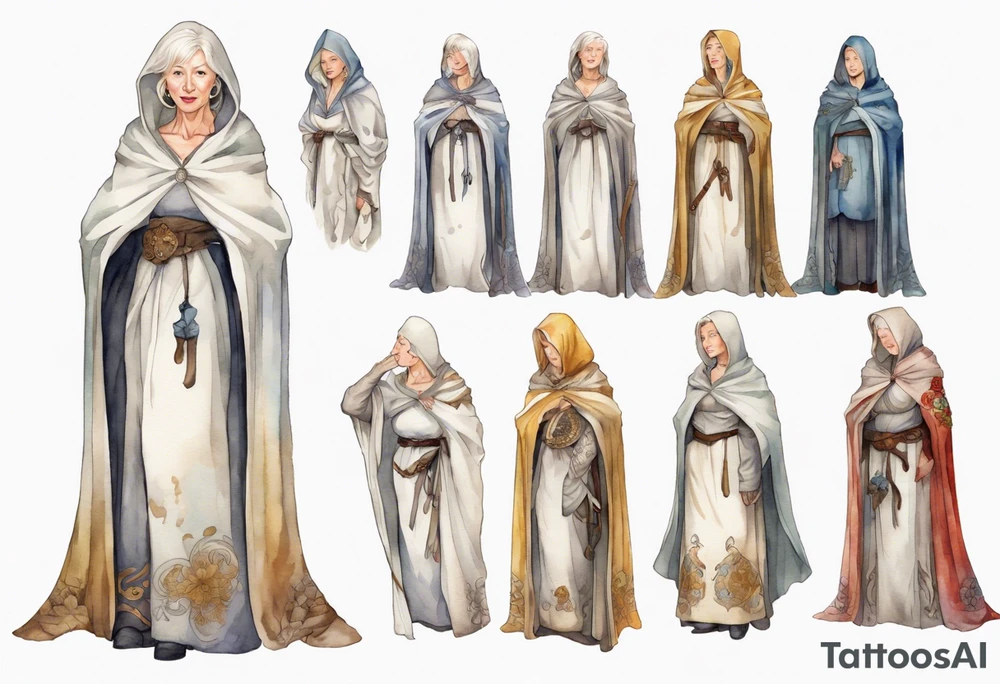 medieval Helen Mirren dressed in white cloak tattoo idea