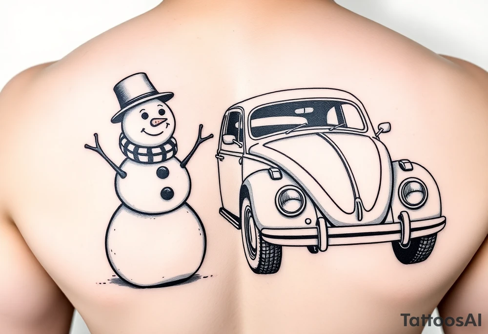 Snowman standing next to a hot rod vw beetle tattoo idea