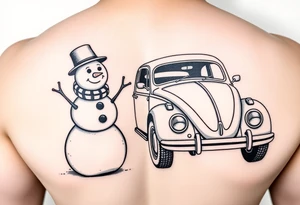 Snowman standing next to a hot rod vw beetle tattoo idea