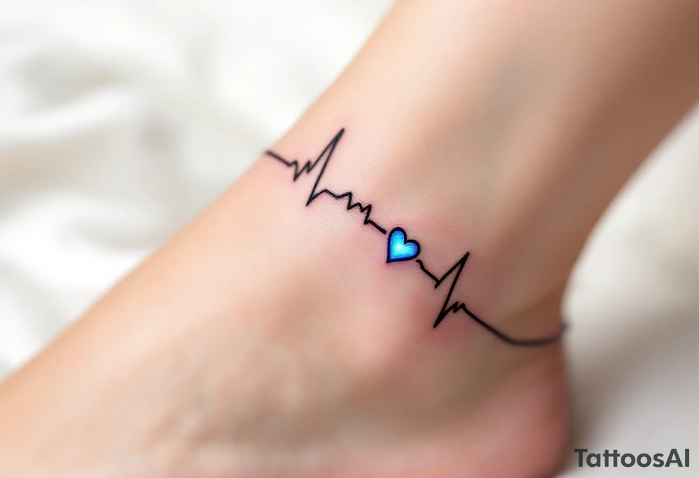 A subtle black EKG line wrapping around the ankle, punctuated by a small, glowing blue heart. tattoo idea