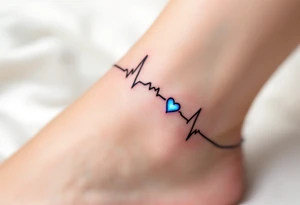 A subtle black EKG line wrapping around the ankle, punctuated by a small, glowing blue heart. tattoo idea