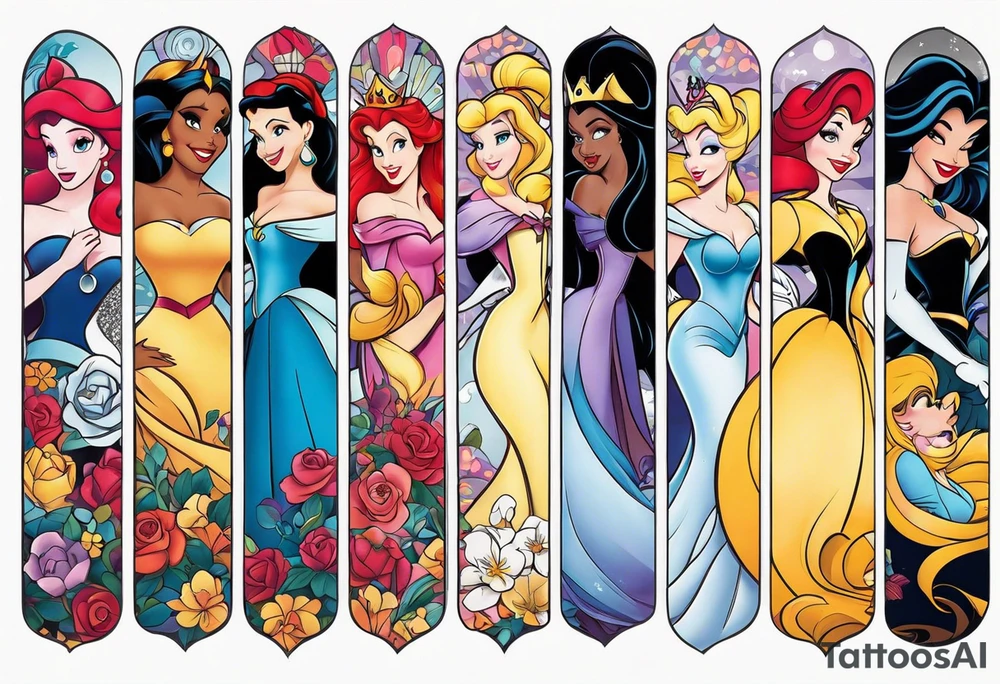 Disney princesses and Disney villains mixed together on an arm sleeve tattoo idea