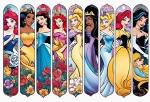 Disney princesses and Disney villains mixed together on an arm sleeve tattoo idea