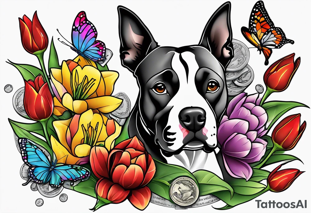 american staffordshire with tulips with a butterfly, with pills, drugs, euro bank notes and currency, vbank cheques, police, walkietalkies tattoo idea