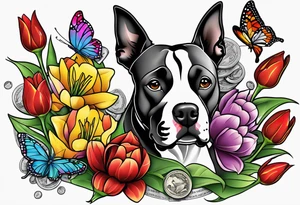 american staffordshire with tulips with a butterfly, with pills, drugs, euro bank notes and currency, vbank cheques, police, walkietalkies tattoo idea