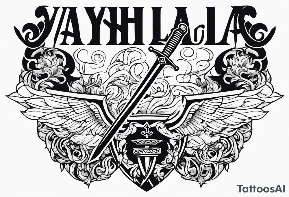 Valhalla scene sword shield tattoo idea
