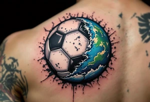 A stylized half-soccer ball, half-earth globe in blue, green, and black tones. tattoo idea