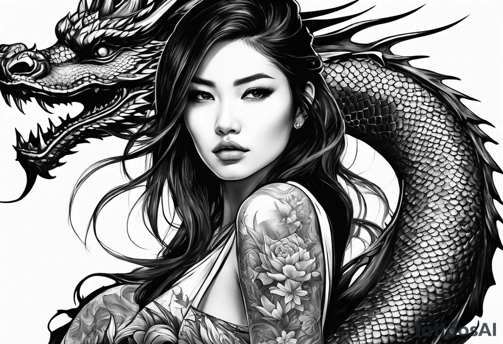 a girl sitting on a asian dragon tattoo idea