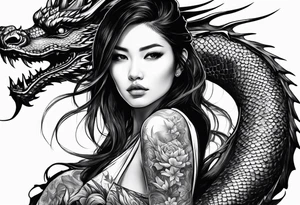 a girl sitting on a asian dragon tattoo idea
