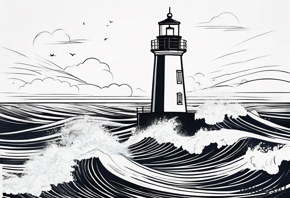 lighthouse, rough sea, fine line tattoo idea
