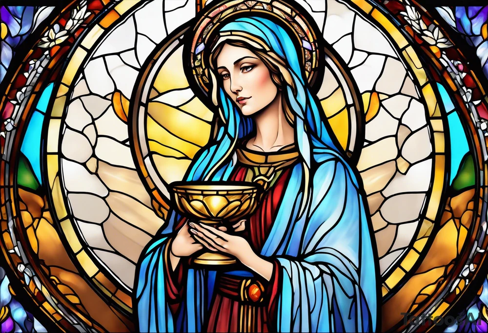holy saint woman with halo stained glass holding a chalice tattoo idea
