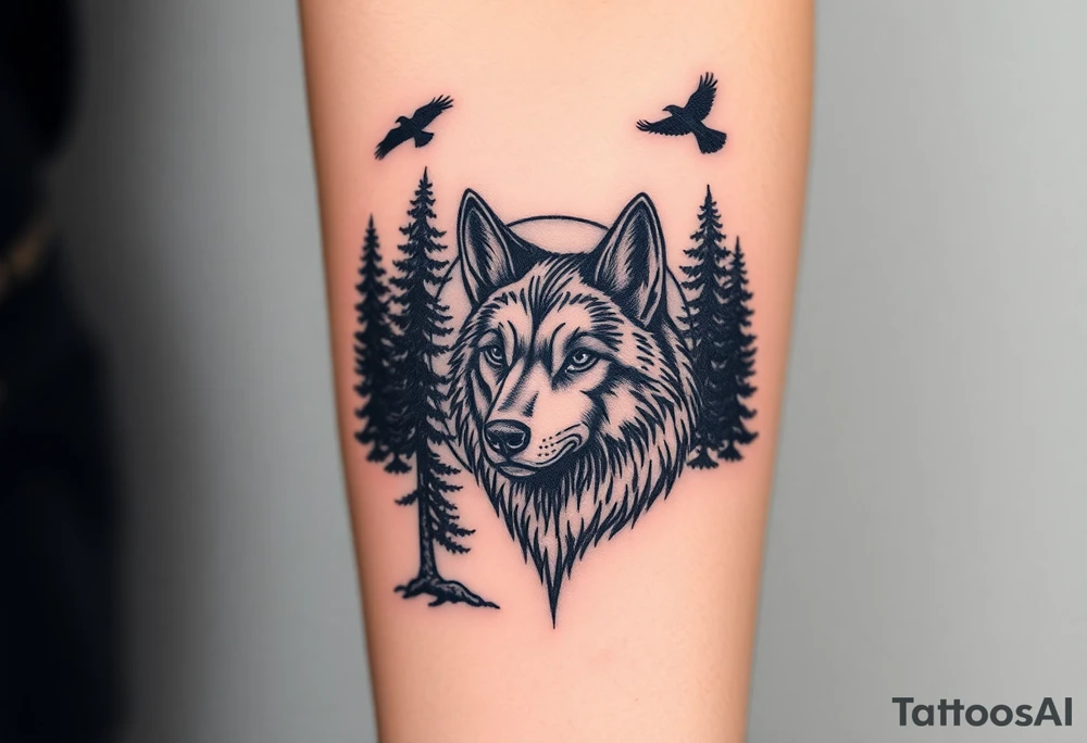 Wolf head surrounded by large pine trees and ravens flying overhead tattoo idea