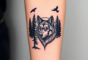 Wolf head surrounded by large pine trees and ravens flying overhead tattoo idea