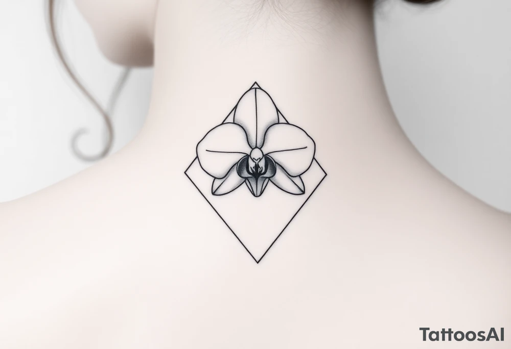 A single orchid flower drawn in fine-line style, with elegant curves and a subtle geometric frame tattoo idea