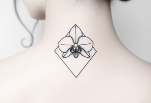 A single orchid flower drawn in fine-line style, with elegant curves and a subtle geometric frame tattoo idea