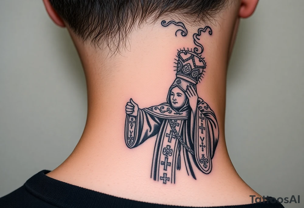 Russian Orthodox Priest in a fully detailed gold vestment swinging a censer with smoke curling upward tattoo idea