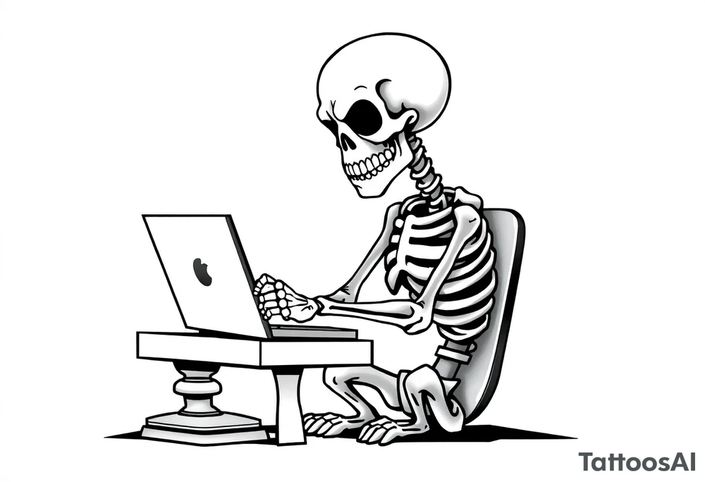 skeleton working at a desk with a laptop tattoo idea