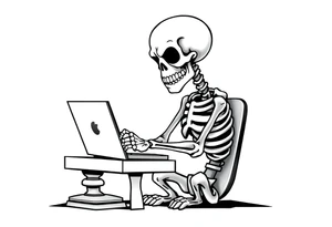 skeleton working at a desk with a laptop tattoo idea