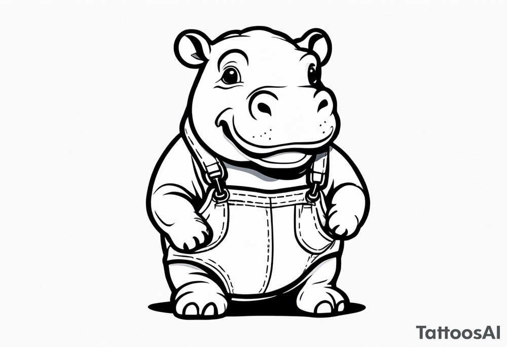 Baby hippo wearing a overalls and holding up his middle finger tattoo idea