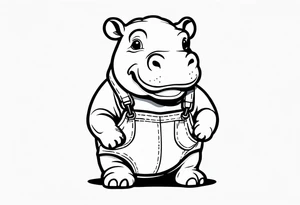Baby hippo wearing a overalls and holding up his middle finger tattoo idea