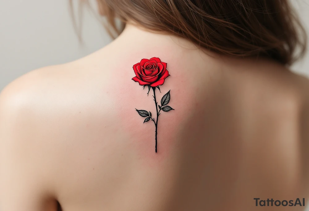 Minimalist single red rose with a thin black stem, no leaves, and clean linework. tattoo idea