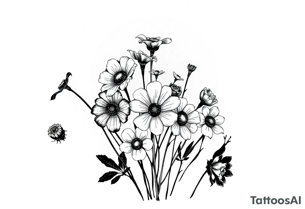 A cluster of wildflowers, with solid black shadows at the base and lighter stippling toward the petals. Some flowers in full bloom while some flowers dying, symbolizing the passage of time. tattoo idea