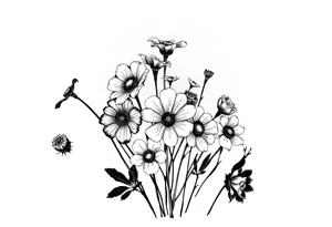 A cluster of wildflowers, with solid black shadows at the base and lighter stippling toward the petals. Some flowers in full bloom while some flowers dying, symbolizing the passage of time. tattoo idea