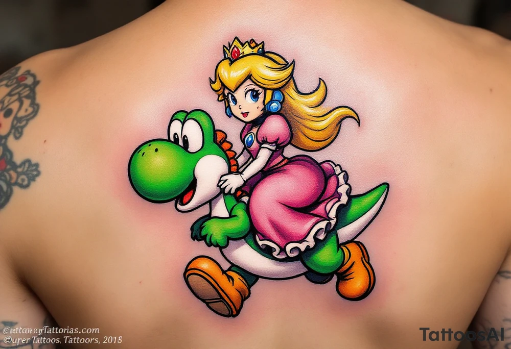 Princess Peach riding Yoshi from Mario Bros with vibrant colors. Make it more like the super Mario bros movie. Her dress should be poofier and covering her legs while he has red saddle with white trim. He should be walking upright tattoo idea