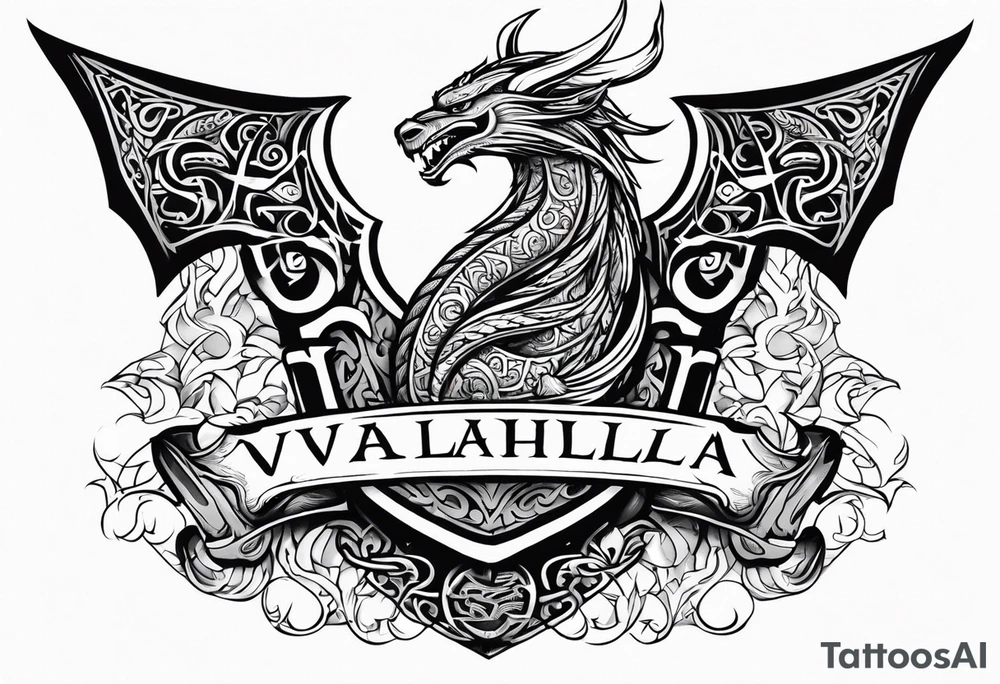 Valhalla sword dragon head axe viking church tattoo idea
