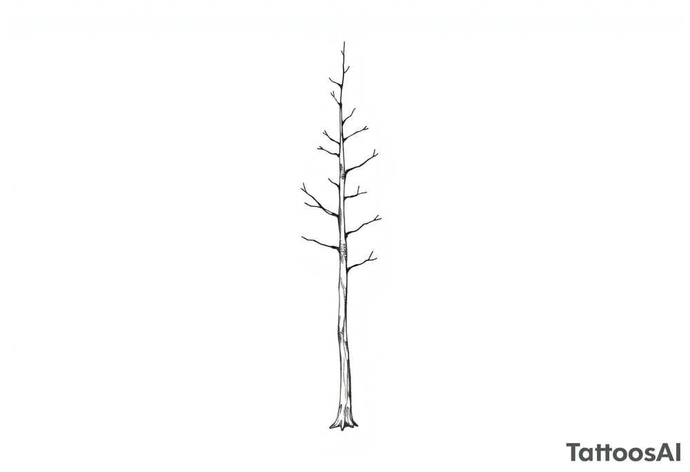 A slender pine tree with a continuous thin outline that flows smoothly from the tip of the tree to the base of the trunk. Inside the trunk, faint horizontal lines or delicate curves suggest subtle “growth rings” (like those seen in real trees), but they remain understated to maintain a clean and minimalist aesthetic. tattoo idea