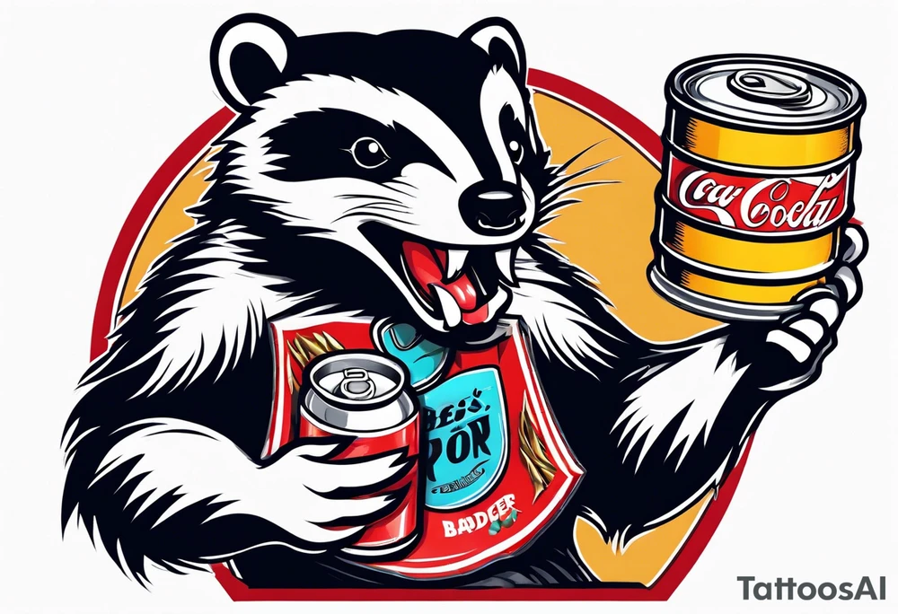 Angry badger with mouth open with soda can and chips in hands tattoo idea