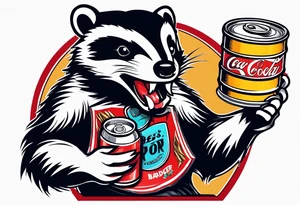 Angry badger with mouth open with soda can and chips in hands tattoo idea