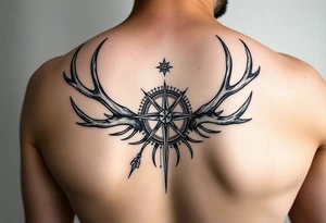 Long one line 1 in wide by 10 inches long of real elk and deer antlers sheds intertwined , a compass, and mountains tattoo idea