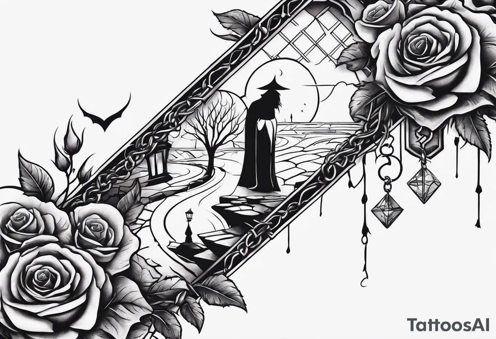 tattoo fool sleeve, old broken gothic home, broken sword, tree roots break out of the chains, roses tattoo idea