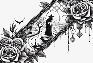 tattoo fool sleeve, old broken gothic home, broken sword, tree roots break out of the chains, roses tattoo idea