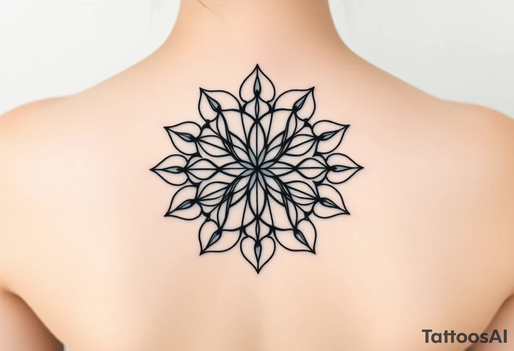 A symmetrical Flower of Life with hexagonal crystal details, enhancing its sacred geometric nature. tattoo idea