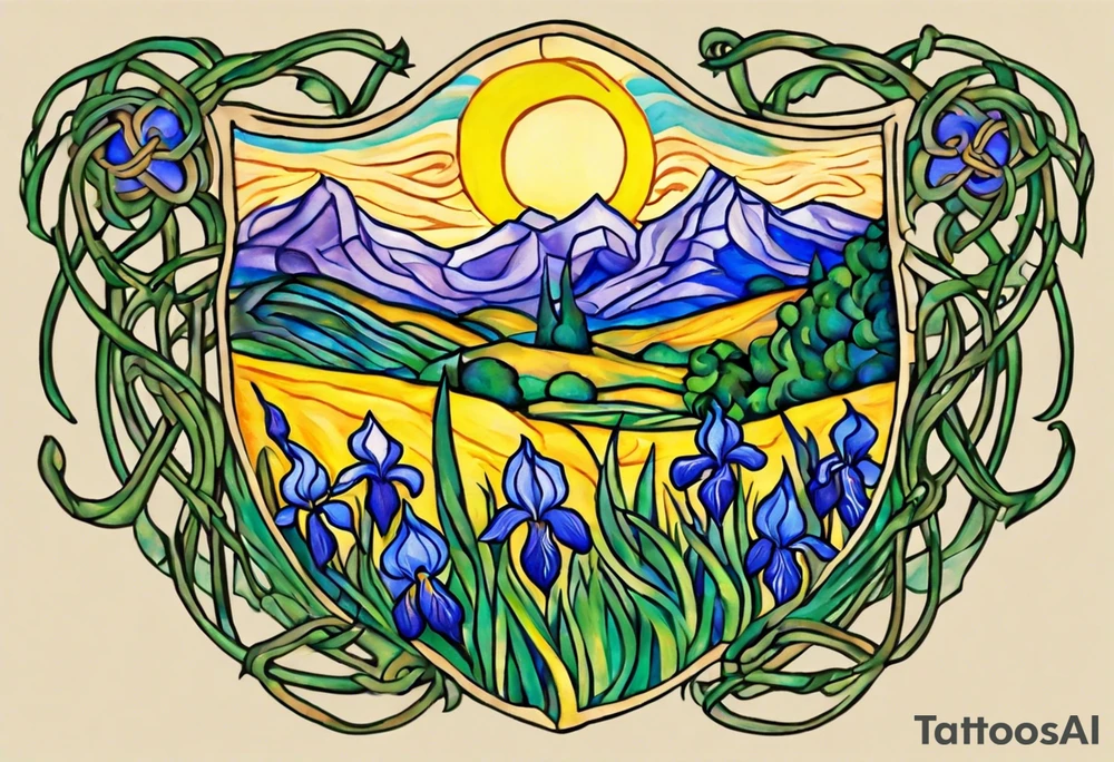 Create a condensed, thick, colorful Vincent van Gogh's Irises tattoo, with vines in Celtic knots gracefully holding mountains. The intended placement is on the upper chest. The overall design should be small in size while maintaining a delicate and artistic aesthetic. Pay attention to the graceful flow of the vines and the placement of the irises to achieve a refined and elegant look. tattoo idea