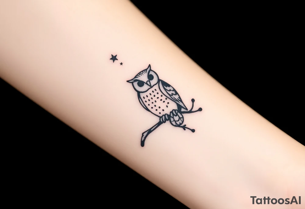 wise owl perched on ancient oak branch under starlit sky tattoo idea