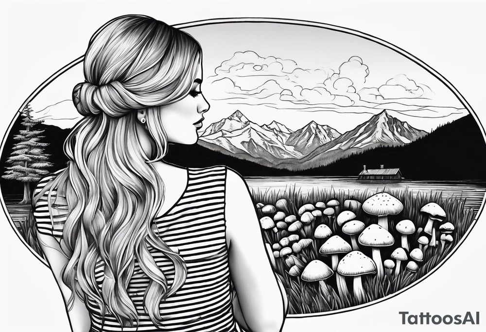 Straight blonde hair girl holding mushrooms in hand facing away toward mountains surrounded by mushrooms circular design black and white striped dress tattoo idea
