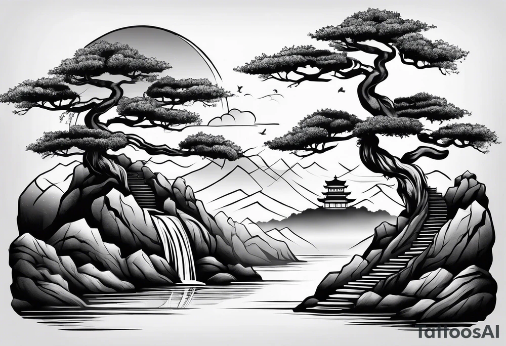 Seven stairs leading to bonsai tree tattoo idea
