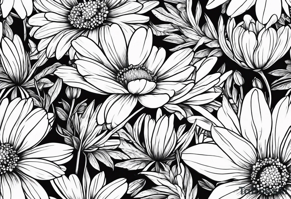 Daisy honeysuckle cosmos snowdrop tattoo idea