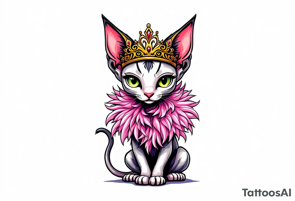 Chibi new school Glamorous sphinx cat with a pink feather boa and wearing a crown tattoo idea