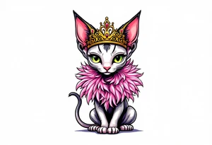 Chibi new school Glamorous sphinx cat with a pink feather boa and wearing a crown tattoo idea