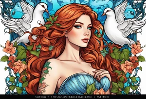Aphrodite with auburn hair and ocean-blue eyes surrounded with doves and poison ivy tattoo idea