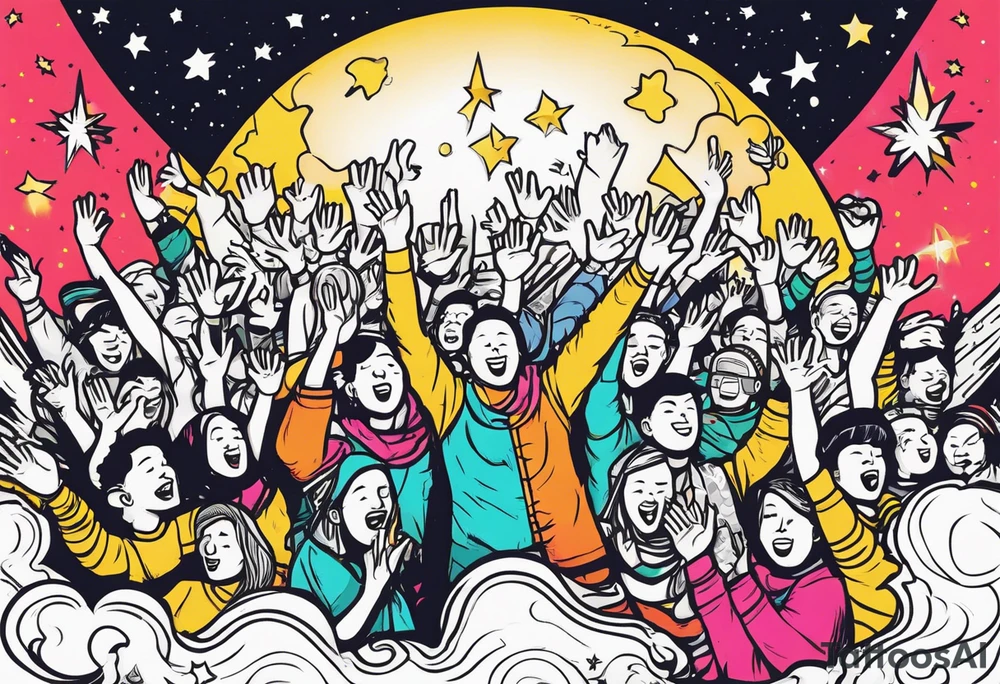 Crowd with hands up popping out of earth in space with throne of God in space tattoo idea