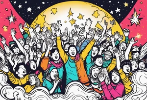 Crowd with hands up popping out of earth in space with throne of God in space tattoo idea