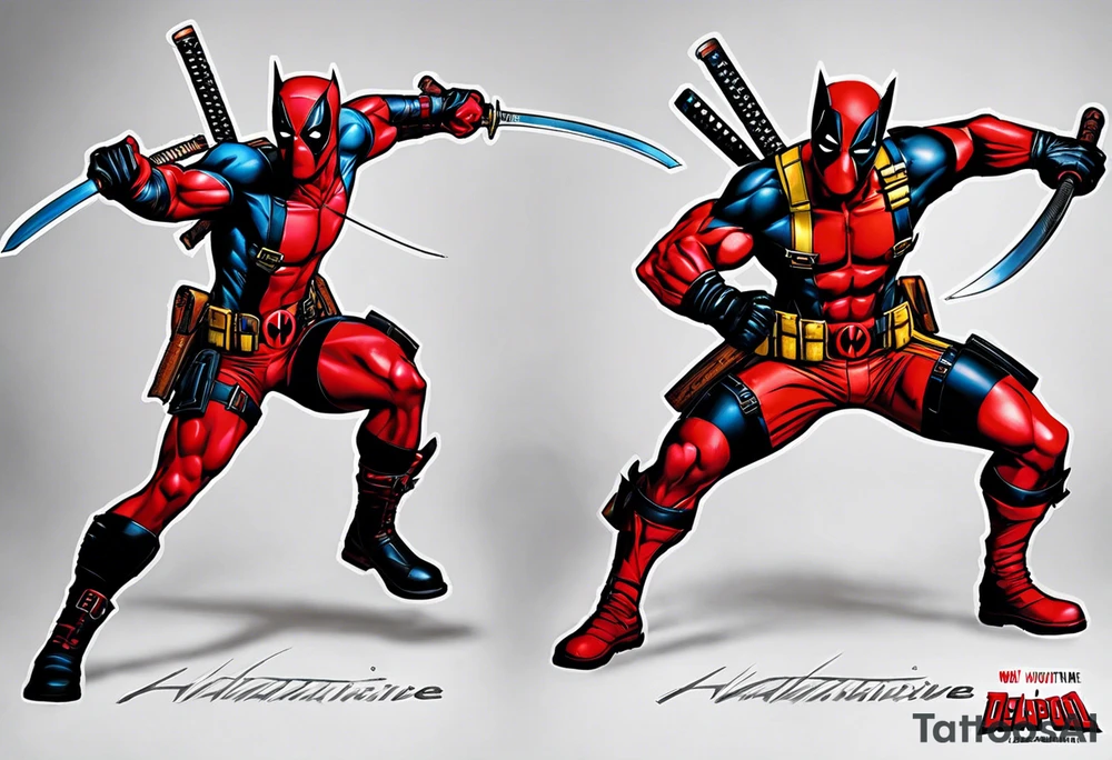 The tattoo features Deadpool and Wolverine in a highly realistic style. Deadpool, dressed in his detailed red and black costume, stands in a combat-ready pose, his katanas brilliantly rendered in hand. Beside him, Wolverine showcases his imposing musculature in his yellow and blue costume, with his adamantium claws extended and gleaming. Their expressions, one mischievous and the other fierce, are captured with precision, highlighting their distinct personalities. The scene focuses solely on the characters, with a minimalistic background to emphasize their dynamic and powerful presence. tattoo idea
