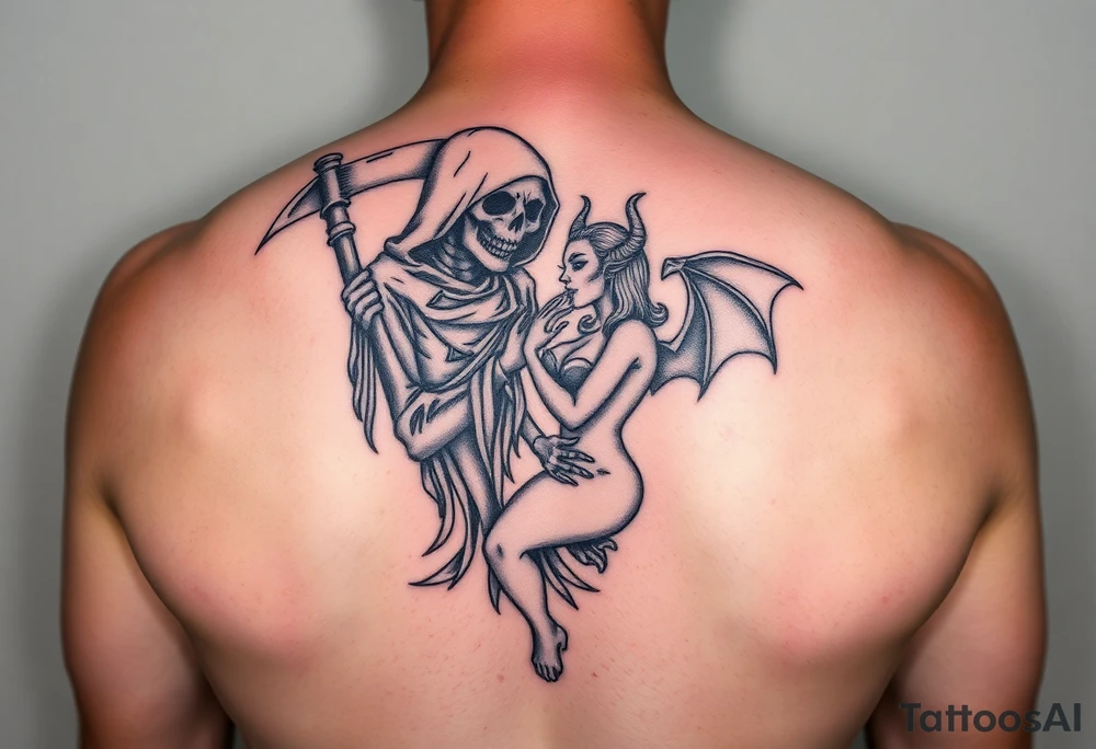 Grim reaper in love with female demon tattoo idea